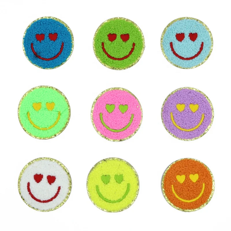 Shenglan Happy Face Patches Smiley Iron On Patches For Clothes Jackets Jeans Hats Backpacks DIY Decorations(Gold Edge)