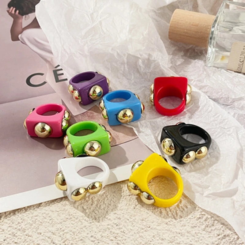  Punk Gold Bead Transparent Resin Acrylic Square Rings for Women Trendy Big Geometric Round Chunky Finger Jewelry