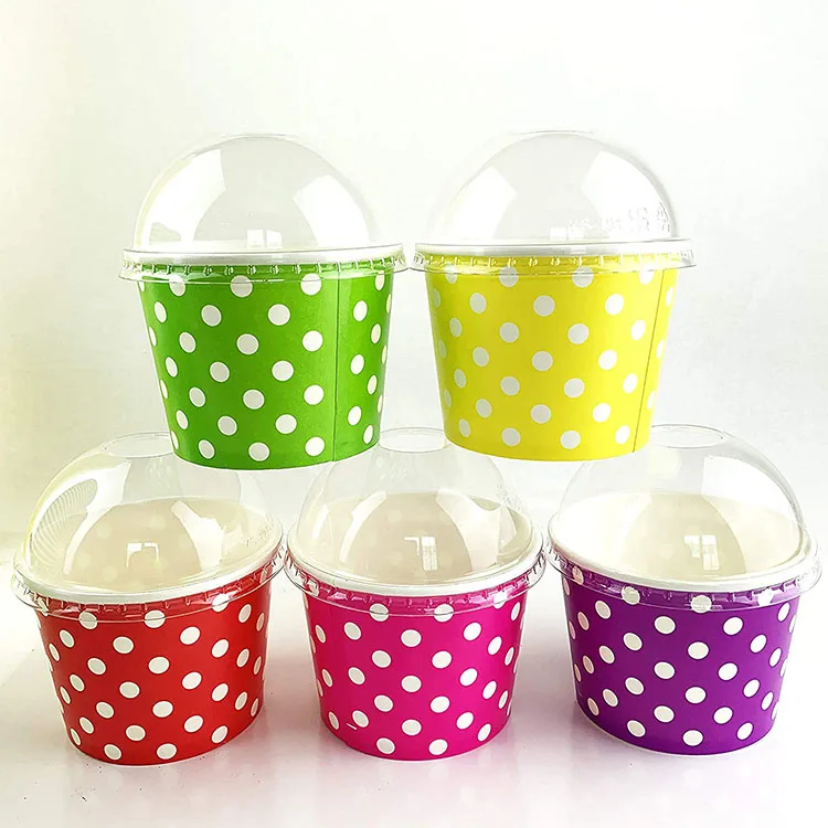Custom Printed Polka Dot Environmental Protection Disposable 3oz 4 8 12 Oz Paper Frozen Milktea Ice Cream Cups With Lids