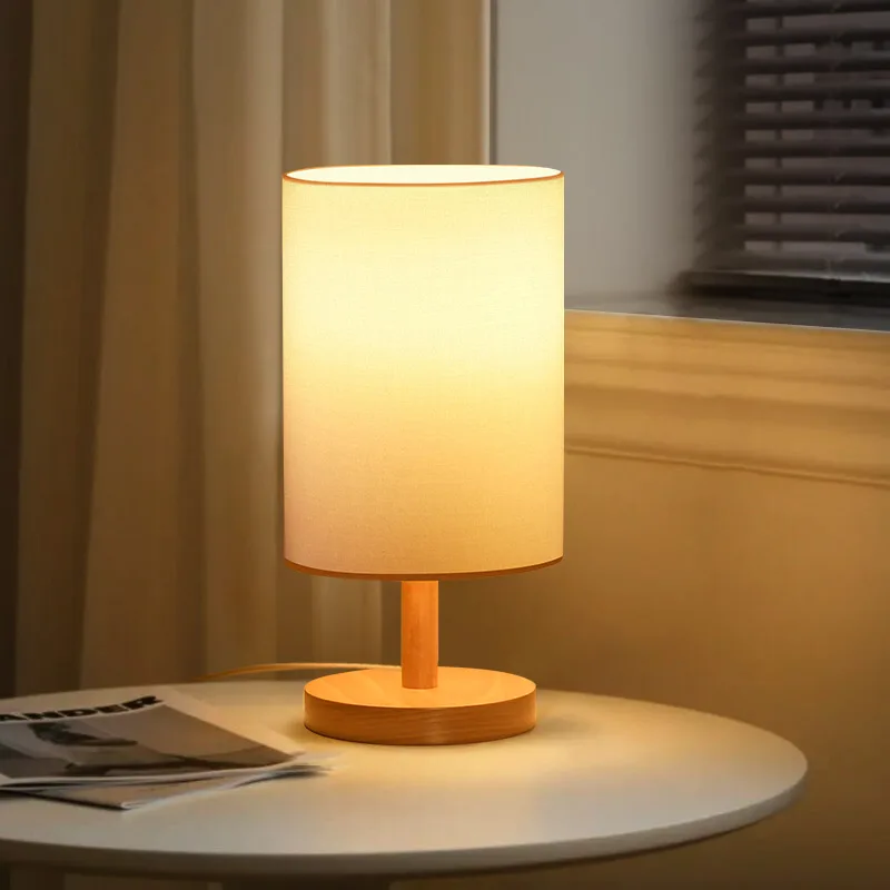 Custom Modern And Traditional Multifunctional Natural Cylindrical Fabric Shade Solid Wood Based Simple Desk Table Lamp