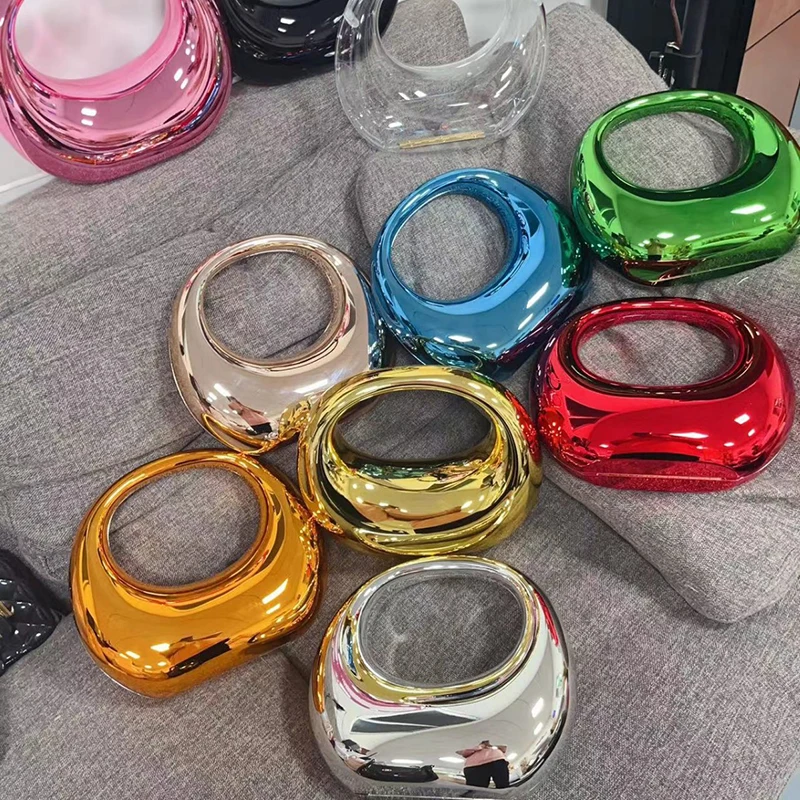 Trendy Stylish Metallic Foil Gold Hobo Handbag Half Moon Elegant Ladies Acrylic Clutch Evening Bag for Women