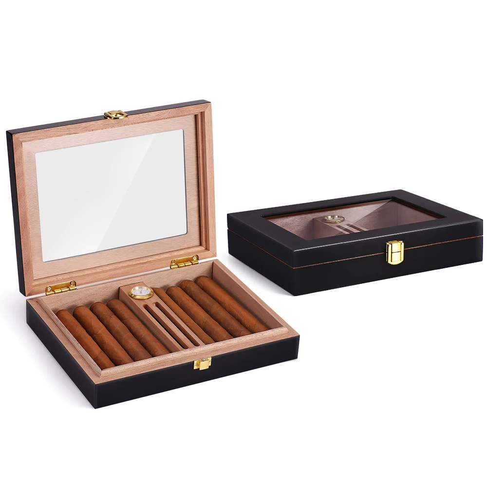 Custom humidor cigar box luxury wholesale smell proof black wooden blank hygrometer humidor cedar cigar box