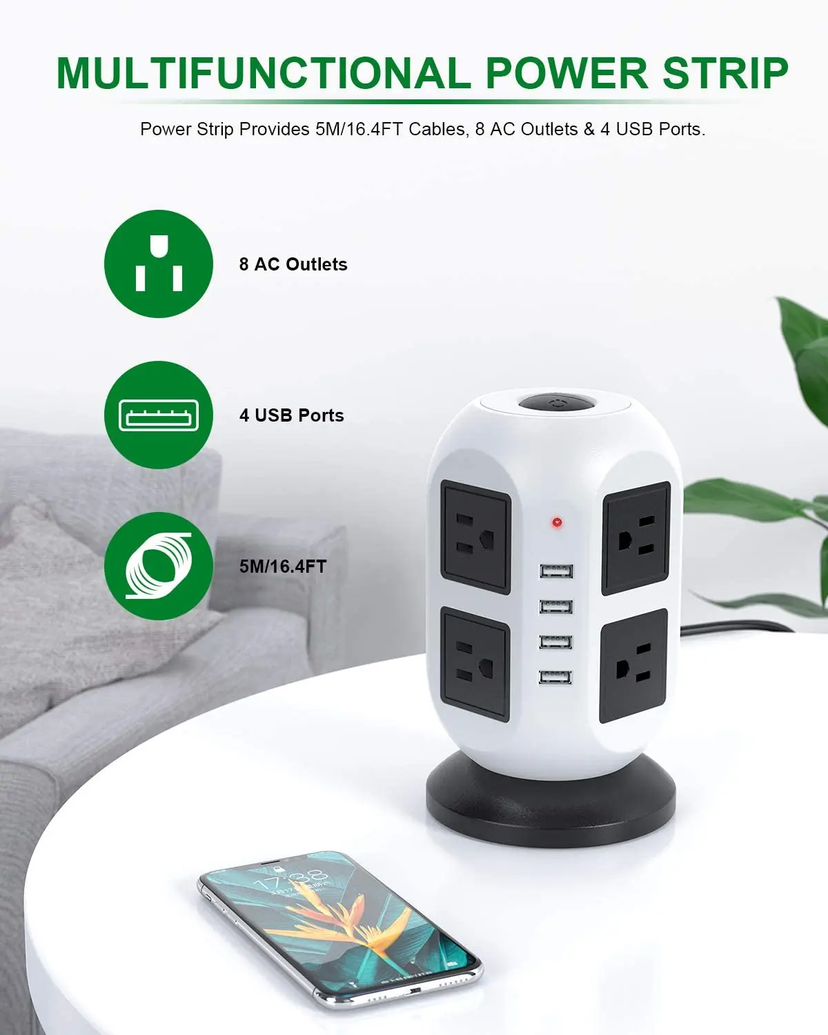 PSE Power Strip Tower With 8 AC Outlets 4 USB C Ports Surge Protector Universal Flexible