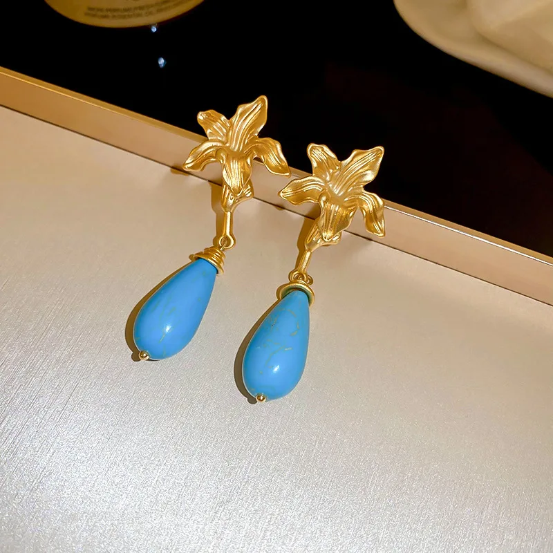 Silver Needle Bohemian Flower Water Drop Artificial Stone Earrings Exquisite Simple Earrings Retro Court Earrings for Women