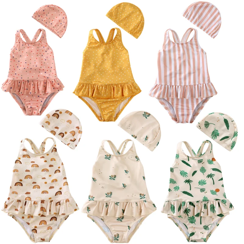 9M-10Y Skin-friendly one-piece with bathing cap Girls cute backless floral swimsuit baby cartoon Baby bikini swimsuit
