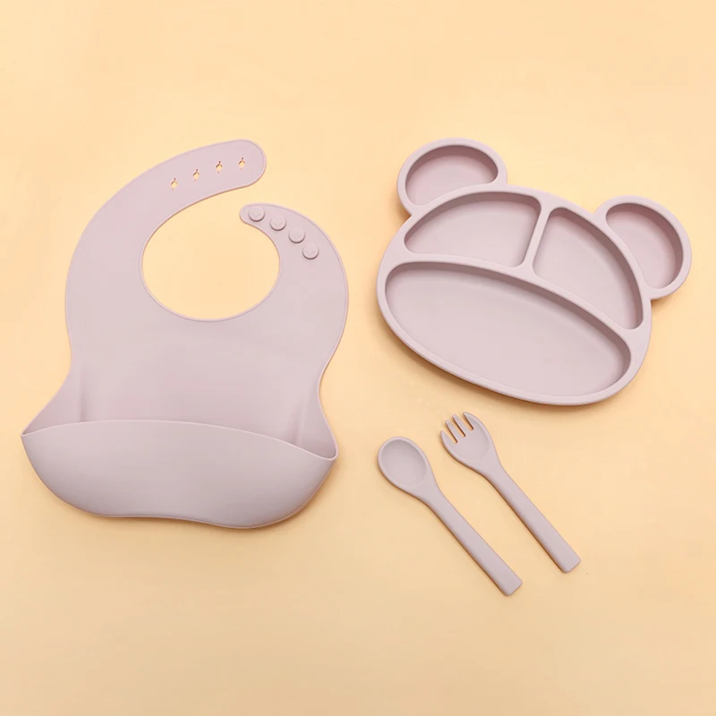 animal silicone baby feeding set bear divided suction plate and spoon gift set baby weaning feeding baby silicone set feeding