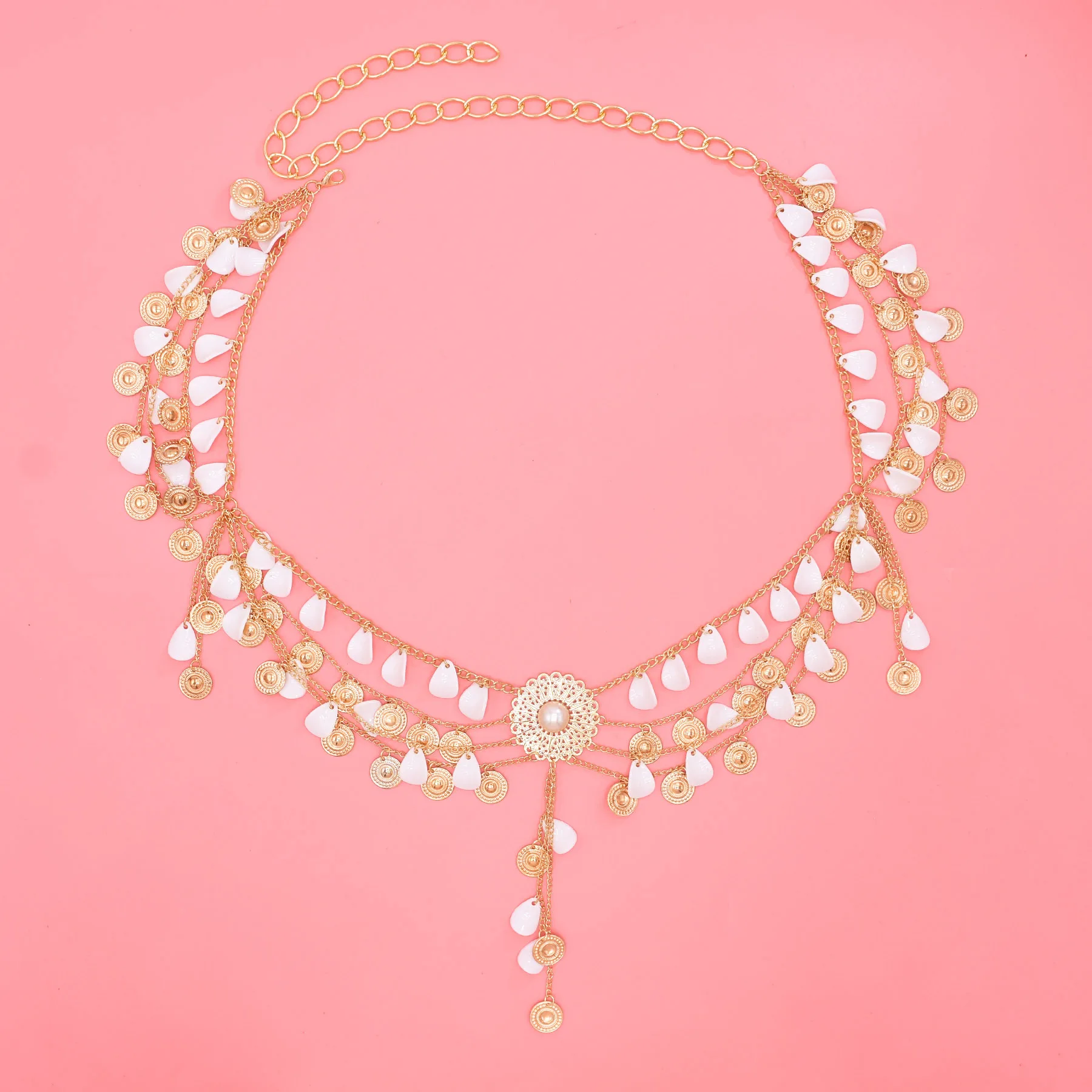 Exquisite Ethnic Style Acrylic Petal Coin Tassel Imitation Pearl Alloy Flower Waist Belt Chain Multi-layer Body Chain for Women