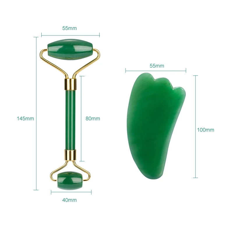 New Design Custom Facial Green Jade Massage Roller And Gua Sha Set