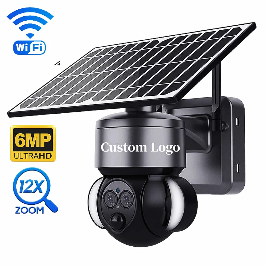 Custom Logo 6MP WiFi  HD PIR Human Detection PTZ Security System 12X Zoom Wifi Outdoor Solar CCTV Camera