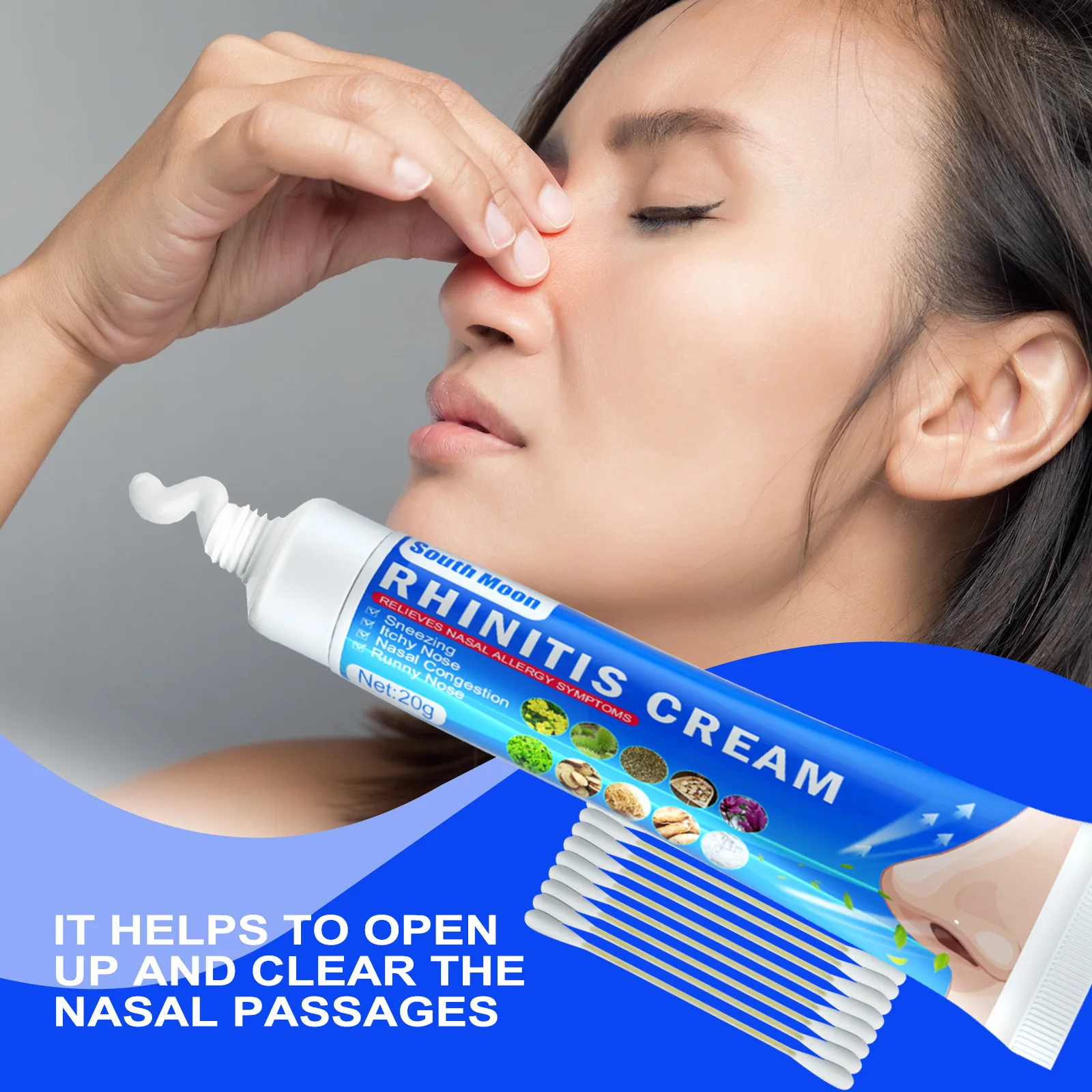 OEM South Moon cold sneezing headache sinusitis stuffy nose dry nasal cavity relief rhinitis cream with cotton swab