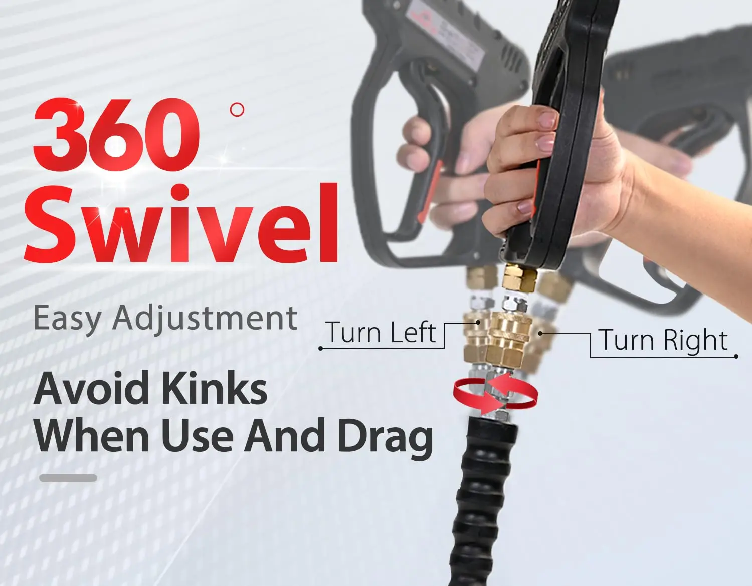 Commercial Grade Heat-Resistant Pressure Hose, quick connectors, steel-reinforced, anti-kinking rubber sheathing.