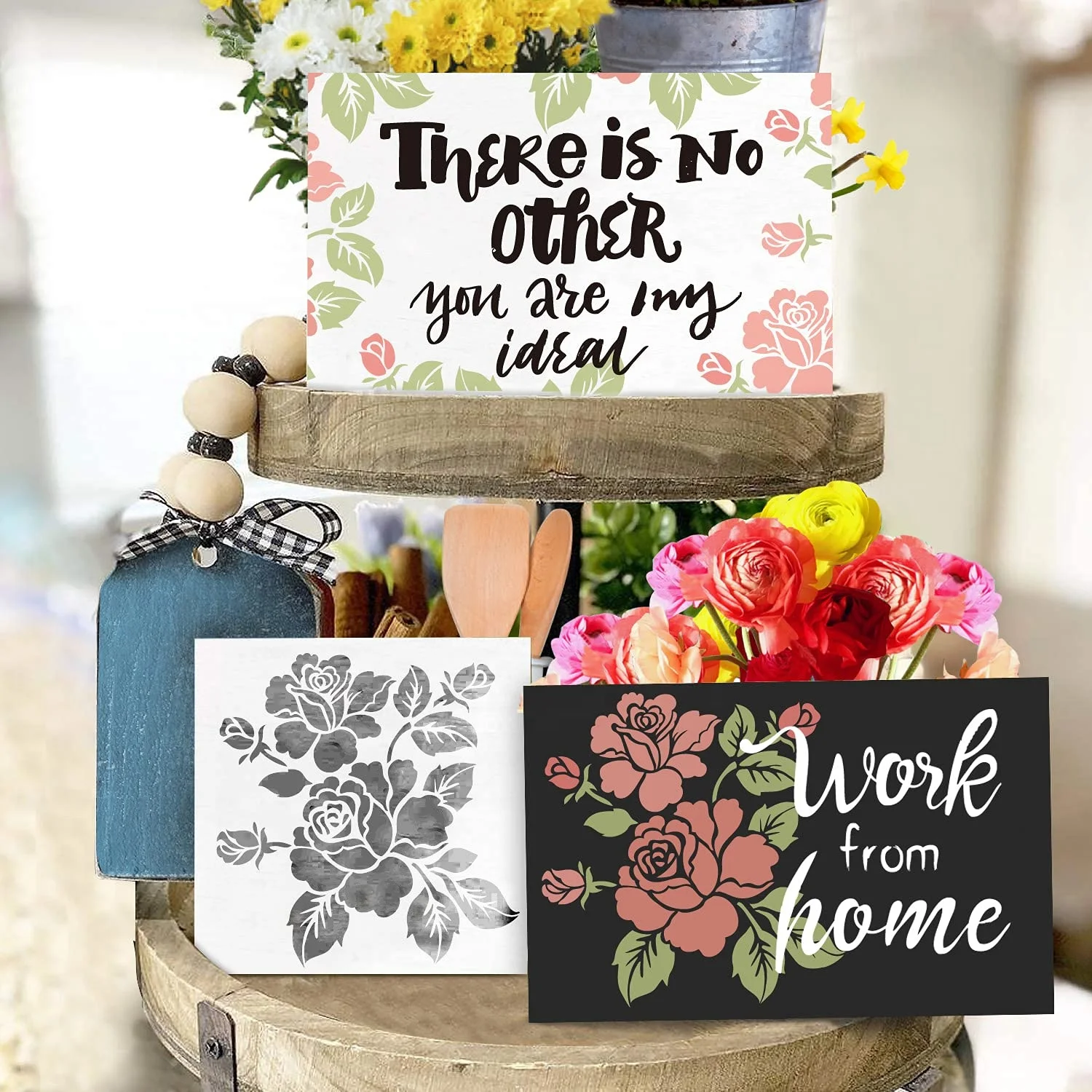 12x12 Inch Designs Bloom Rose Stencils for Painting Wood Canvas Paper Fabric Walls Furniture