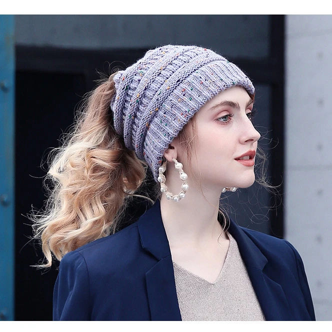 Women style winter design acrylic multifunction confetti messy bun ponytail beanie hat with hole