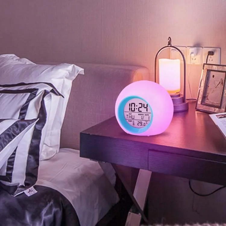 Round 7 Colors Changing LED Light Digital Alarm Clocks Touch Control Kids Children Wake Up Alarm Clock Thermometer Nature Music
