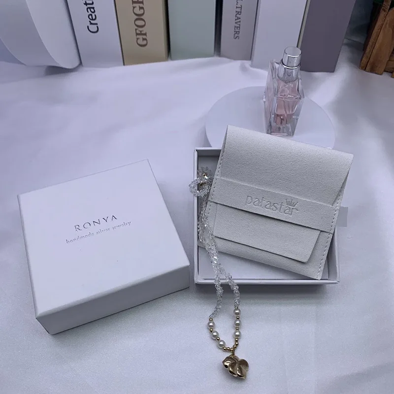 Custom Logo suede jewelry earring pouch with box and insert pad, Suede Microfiber jewelry pouches