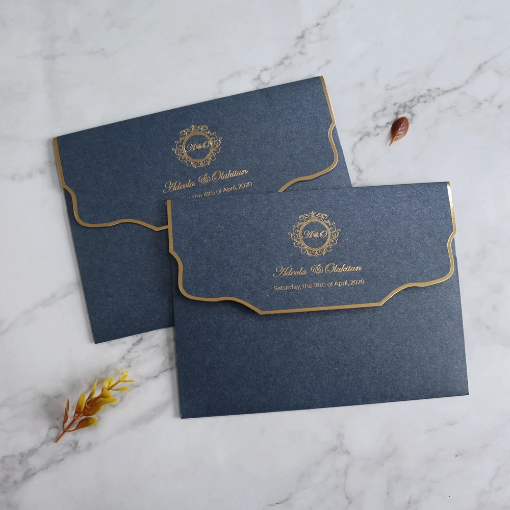 Свадебный конверт из темно-синего жемчуга с золотым принтом для приглашения 5x7