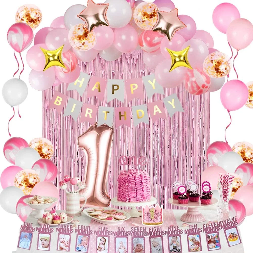 Pink Girl 1st Birthday Decorations Girls with 12 Months Photo Banner and 1st Birthday Baby Crown for  birthday party