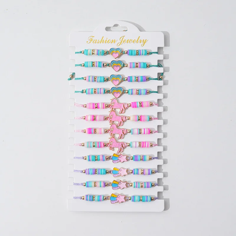 12 Pcs/set Enamel Love Polymer Clay Love Rainbow Crystal Beaded Handmade Bracelet Girls Kids String Jewelry Bracelet