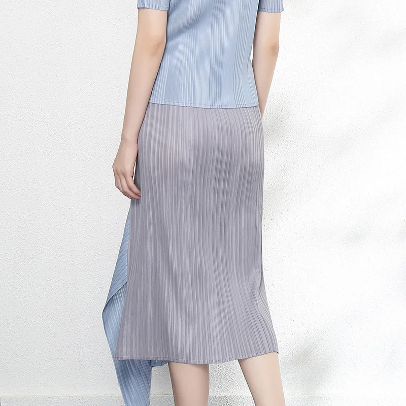 New polyester fabric two-color stitching slit irregular pleatedskirt