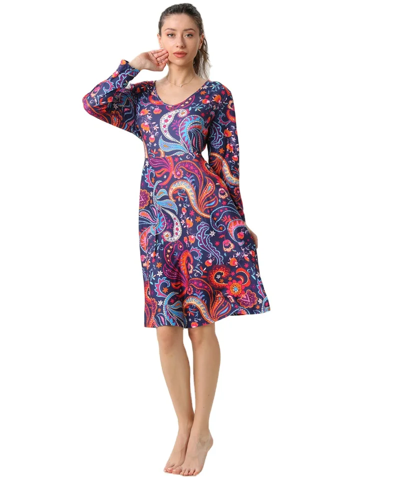 Four Seasons Wholesale Ultra Soft Fashion Women Full Long Sleeve Dress Hot Sale Vintage Paisley Flower Lady Dress with Pockets