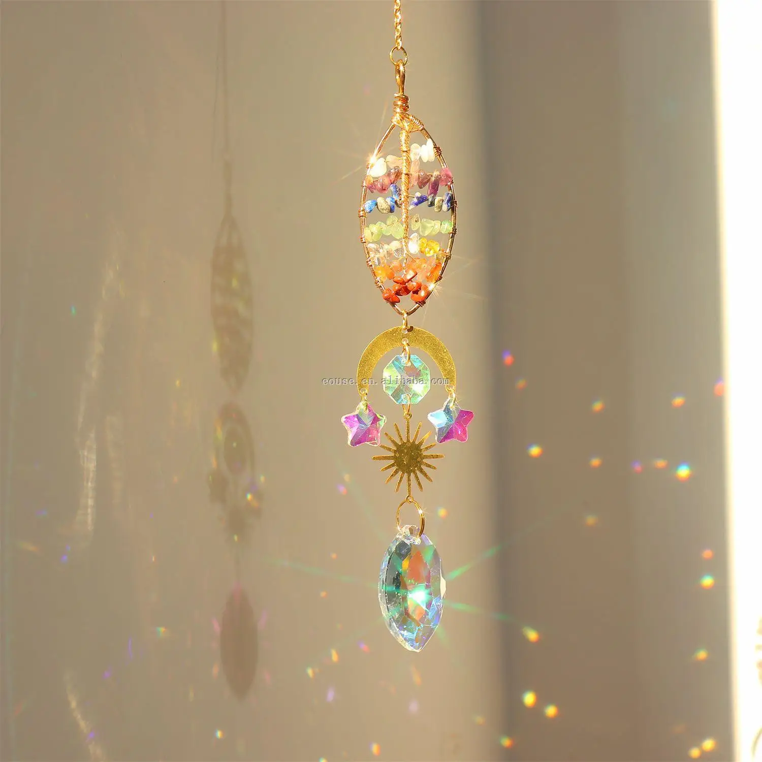 Golden Tree of Life Love Heart shaped Crystal Catcher Hanging Window Sun Prism Decoration Indoor Rainbow Maker