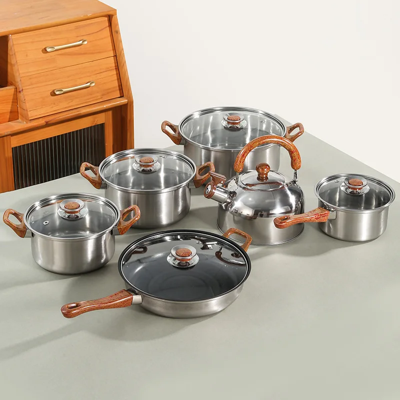 Factory Direct Sale 12-Piece Stainless Steel Set Wood Grain Handle Pot Set Soup Pot Milk Pot Kettle Frying Pan Cookware Set