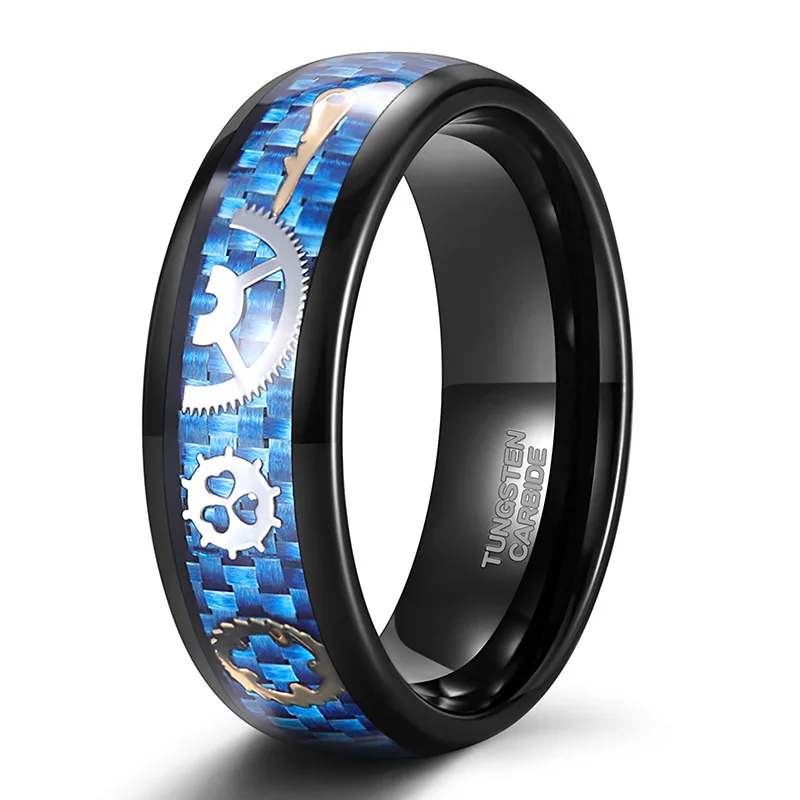 POYA 8mm Dome Polished Mens Blue Carbon Fiber Gear Inlay Tungsten Ring for Men Unique Gift