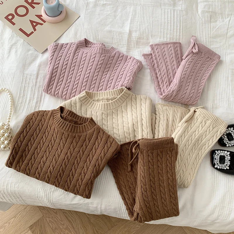Autumn Winter Newborn infant girls clothing outfits solid knitted sweater pants two piece 0-6 years girls Sweater Knitted Sets
