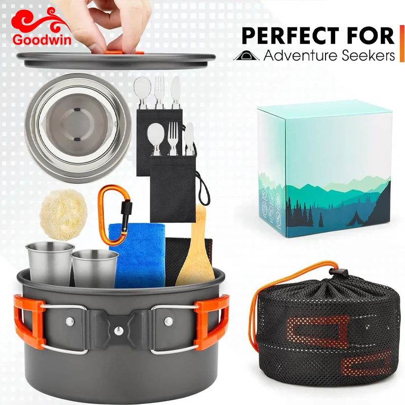 Camping Cookware Mess Kit with Folding Stove Lightweight Pot Pan Kettle Set with Plates Forks Knives Spoons