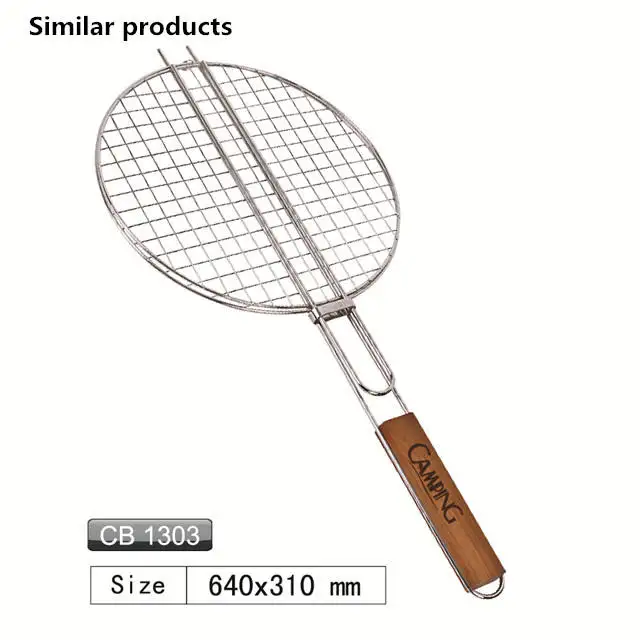 Multi functional outdoor cooking stainless steel wire mesh with wood handle bbq grill net basket
