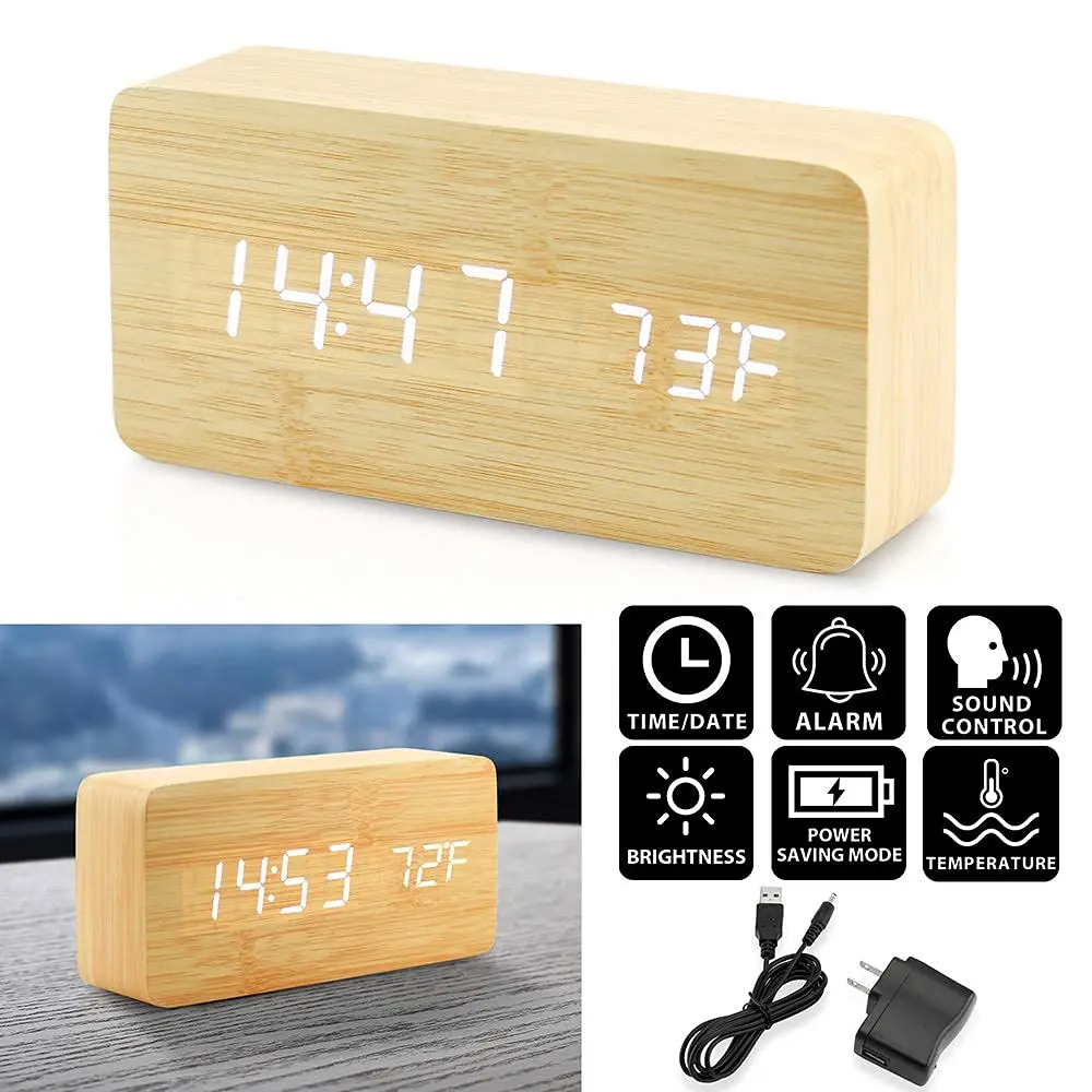 RTS Wood Led Digital Table Clock Display with USB for Bedroom Desk Office Wooden House Decoration