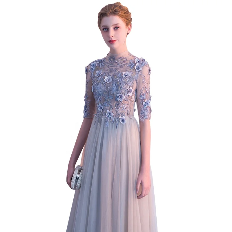 2020 Wholesale Elegant Fashion Half Sleeve Beaded Flower Chiffon Party Evening Dress