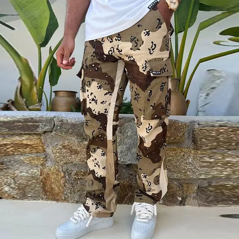 High Quality Patchwork Custom Logo Camouflage Twill Stacked Camo Cargo Flared Pants Men