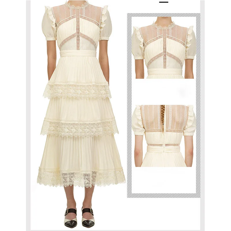 Wholesale Bubble Sleeve High Waist Lace Fashion Elegant Maxi Casual Lady Dress