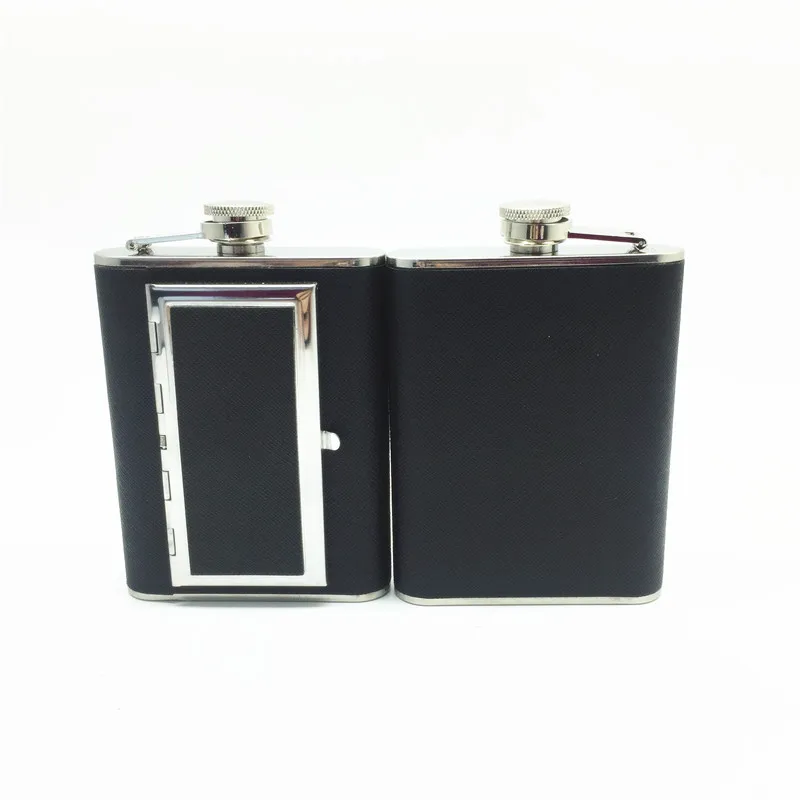 6oz black leather wrapped hip flask with bulid-in cigarette case Whiskey Flask