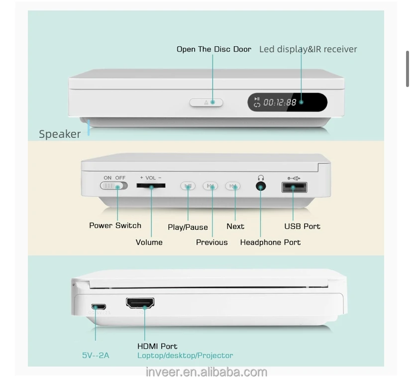 inveer new  USB C power supply Mini CD DVD player with speaker and Multi-Media function model M3S
