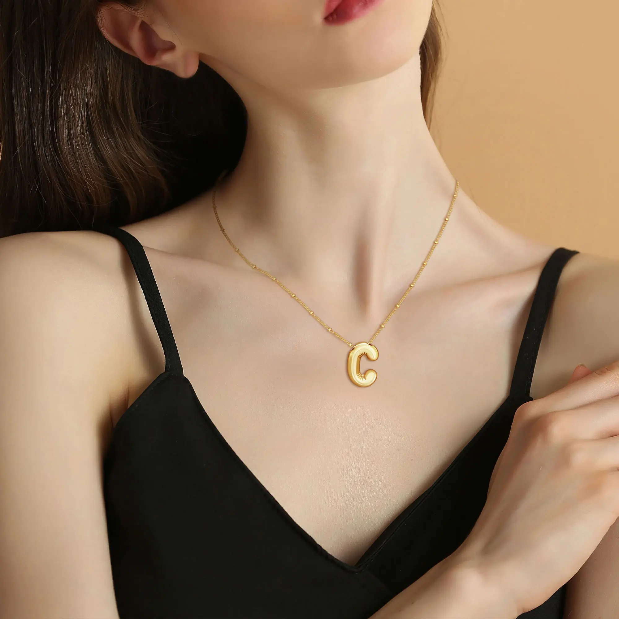 FY Jewelry Fashion Real Gold Plated A To Z Balloon Cute Smooth Metal Initial Letter Pendant With Crystal Choker Necklaces