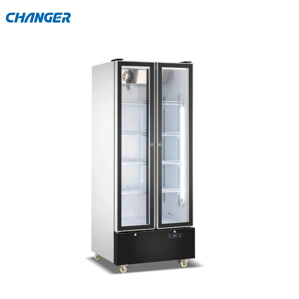 Double Door Upright Refrigerated Beverage Cooler Frameless Digital Controlled Showcase Refrigerator