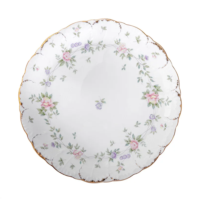 HUADA Hot Selling Gold Rim Ceramic Dinnerware Set Nordic Style Flower Design Round Porcelain Plate Wedding Deroation