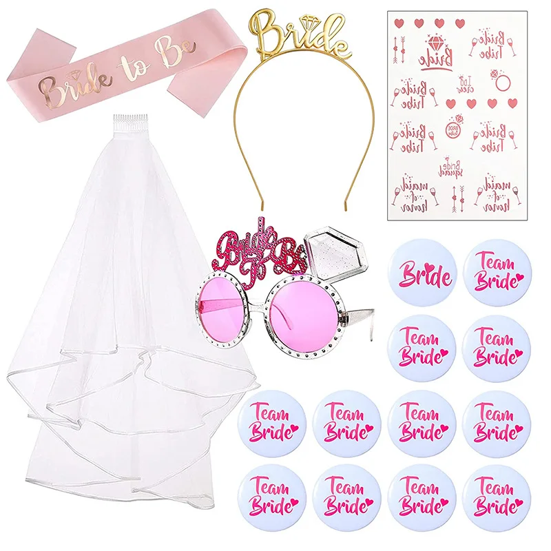 White Double layers Two-layer Veil with Bride To be Letters Sash Headband Badge Set for Bachelor Party favour