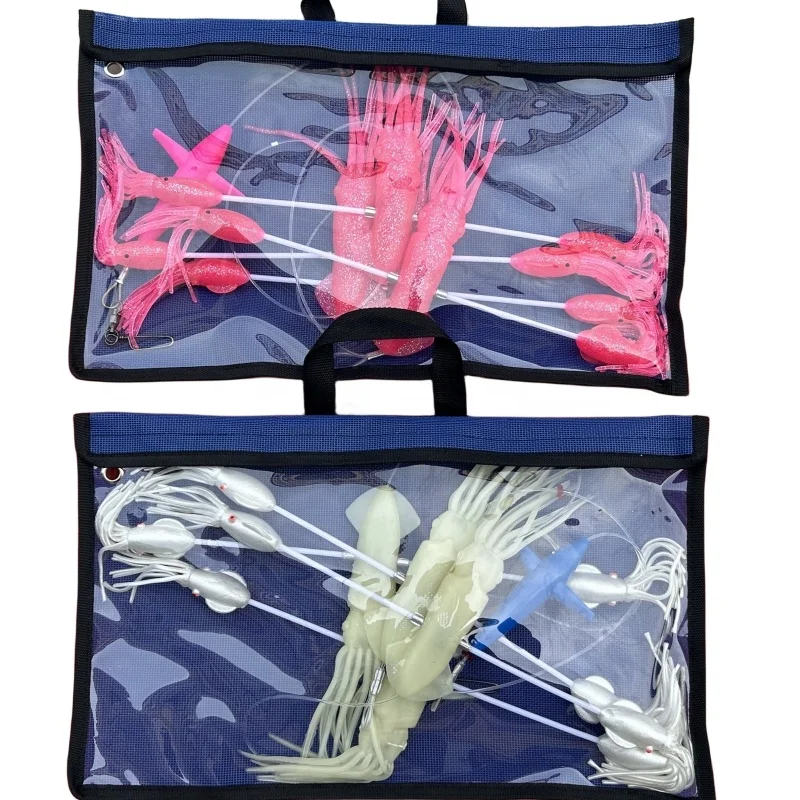 Yousya Bird Octopus Squid Trolling Lure Set Spread Bar W/Fishing Handy Storage Bag Mahi Tuna Marlin
