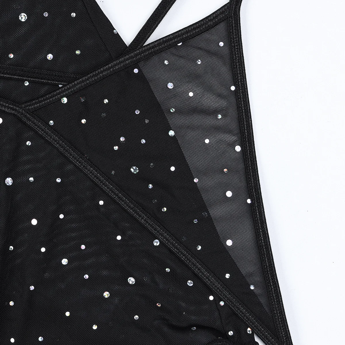 Customized New Rhinestone Sparkling Crystal Feather Splicing See-Through Mesh Elastic Slit Dress 2pcs Lingerie Femme