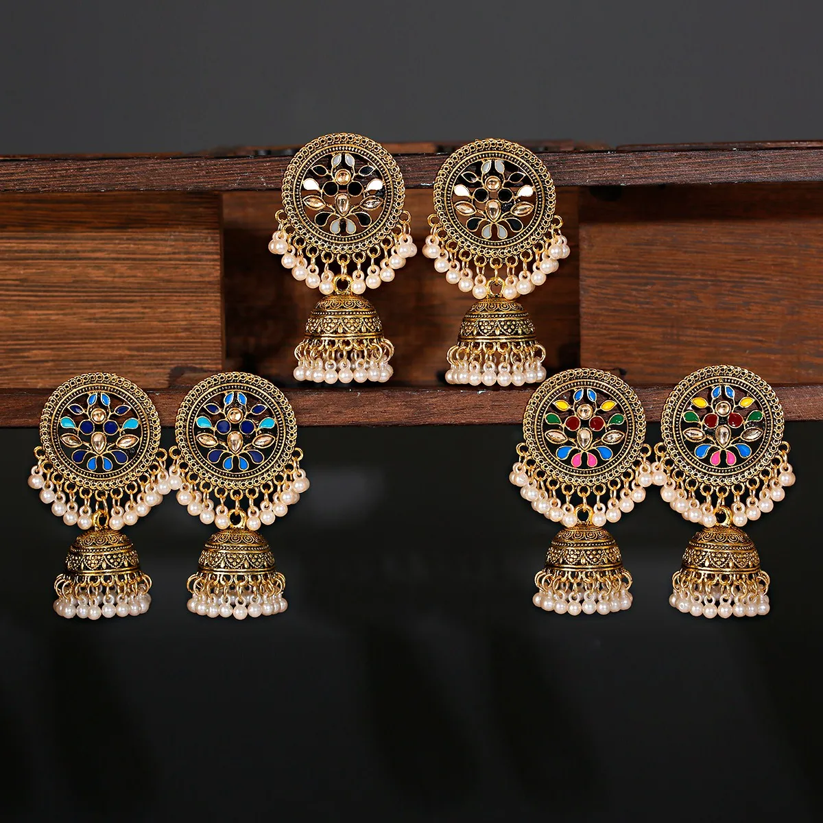 Women Boho Vintage Antique Gypsy Tribal Indian Oxidized White Pearl Drop Flower Gemstone Jhumka Jhumki Earrings Set Jewelry