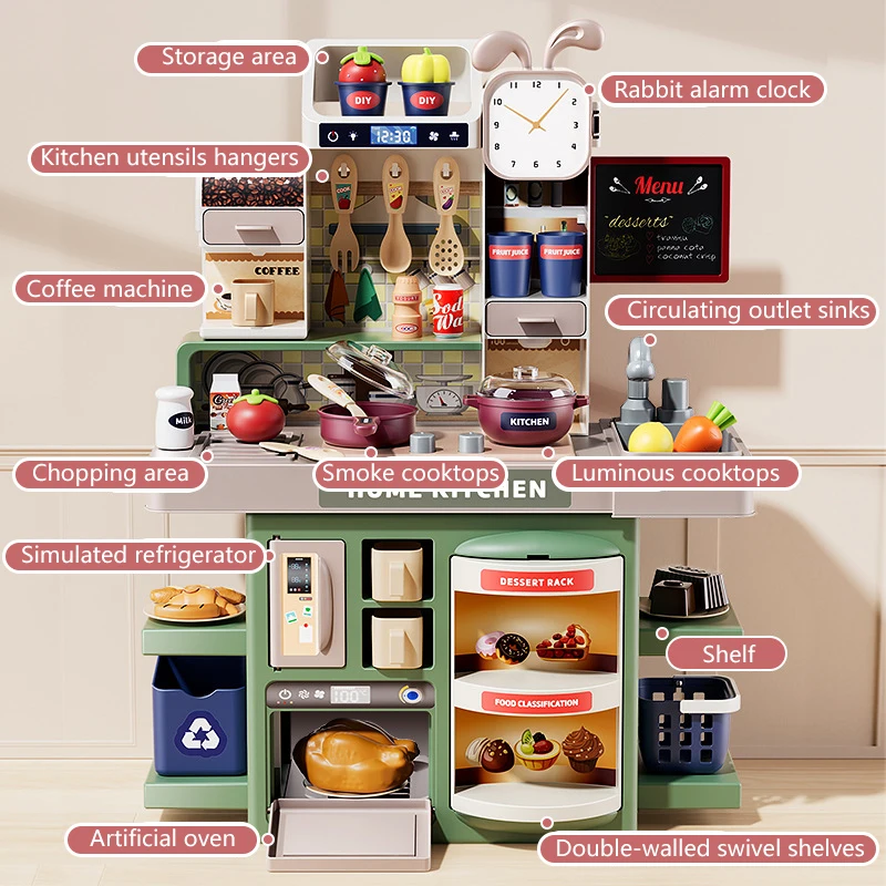 Hot Sell 33+pcs Mini Kitchen Toys Spray Real Cooking Set Game With Light Sound Pretend Kitchen Set