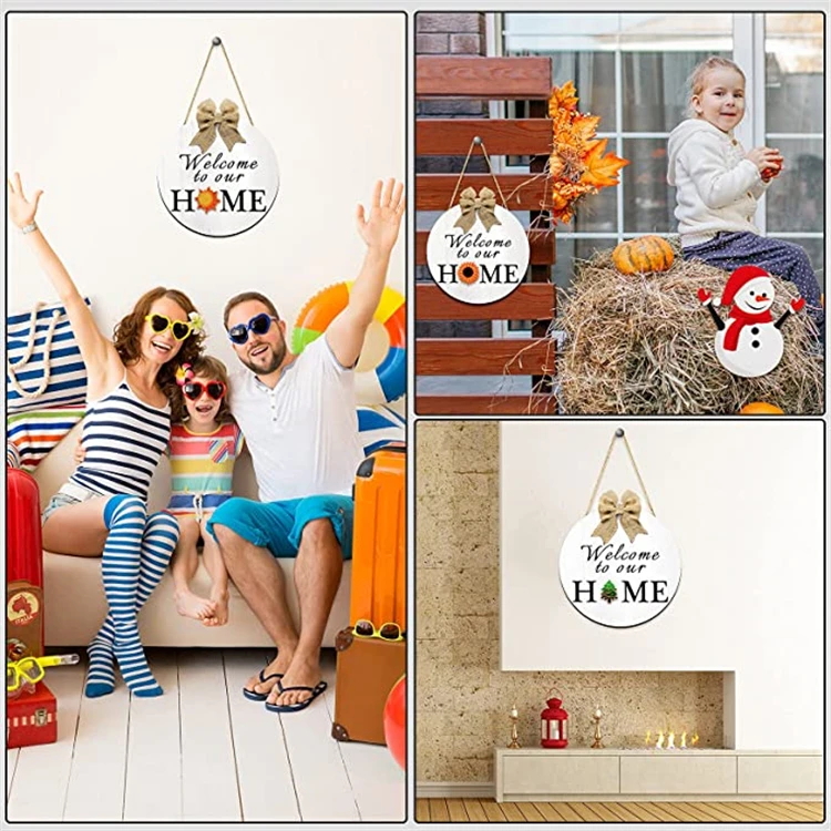 Interchangeable Seasonal Welcome Sign Front Door Decor Rustic Wood Welcome to Our Home Sign Wall Hanging Decoration