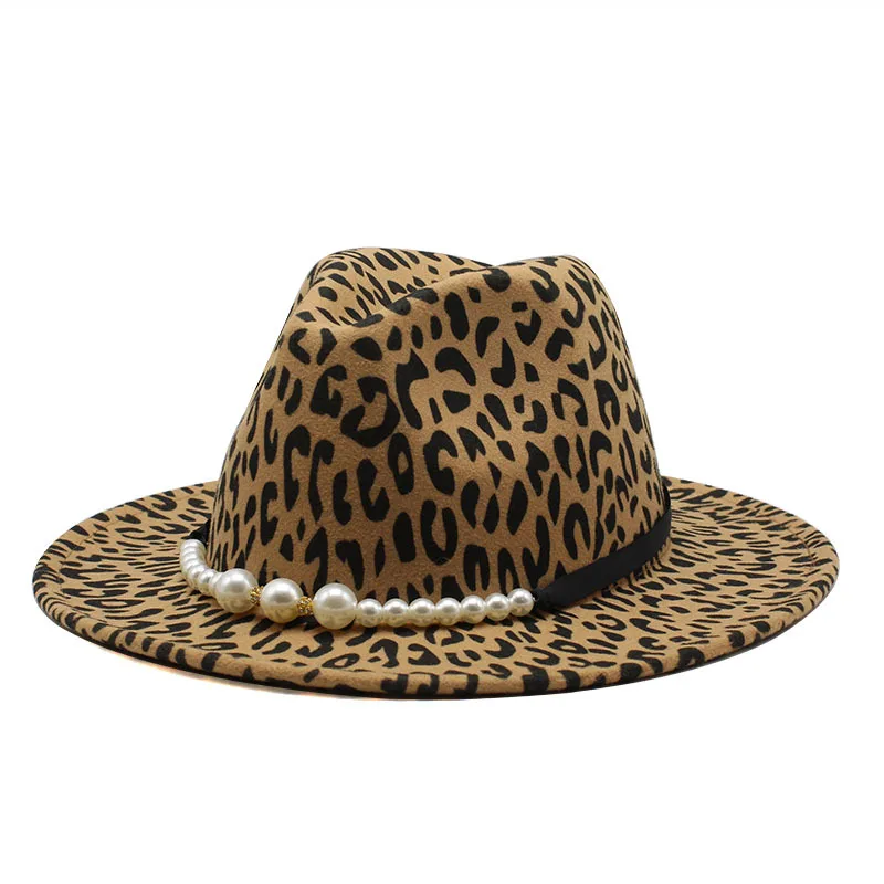 
Animal Print Hat For Womens Leopard Print Fashion Fedora Hat With Pearl Accessories 