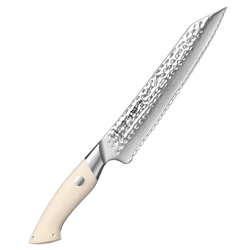 XINZUO 10Cr15 Core Damascus Steel Kitchen Bread Knife White G10 Handle Professional Knives Manufacturer