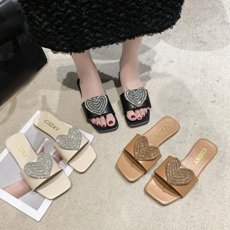 2025 summer new trendy casual slippers for women outwearing flat bottomed square toe spring fashion sandals