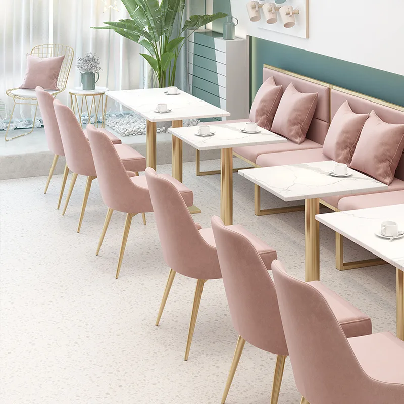 Fast Food Cafeteria Restaurant Furniture Coffee Shop Dining Table and Chairs Set Fabric Velvet Chairs For Pizza Shop