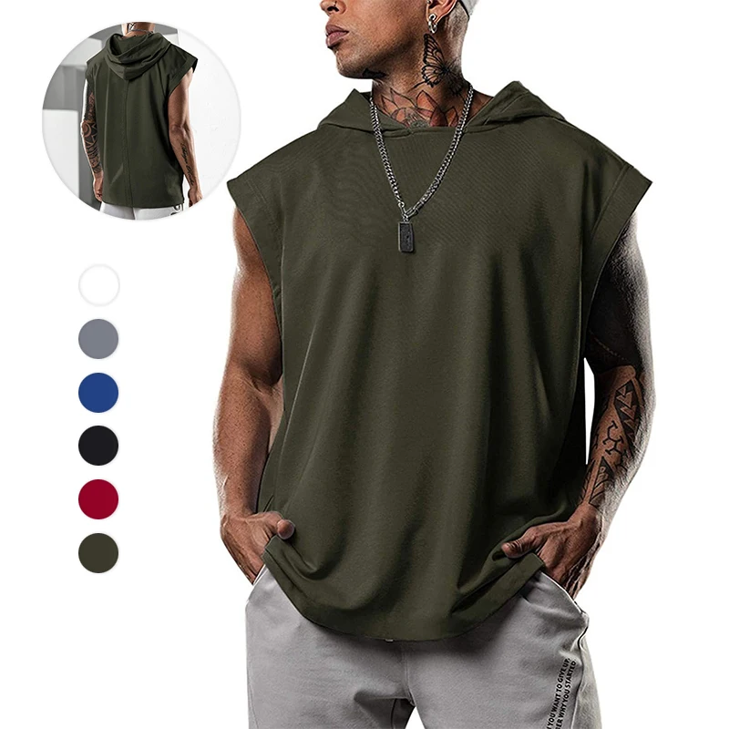 Wholesale Sleeveless Leisure Oversize Hoodie Solid Color Quick Dry Sweatshirts Men Pull Over Off Shoulder Gym Fitness Men Tops
